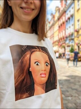 White Graphic Tee with Barbie Doll Face Print